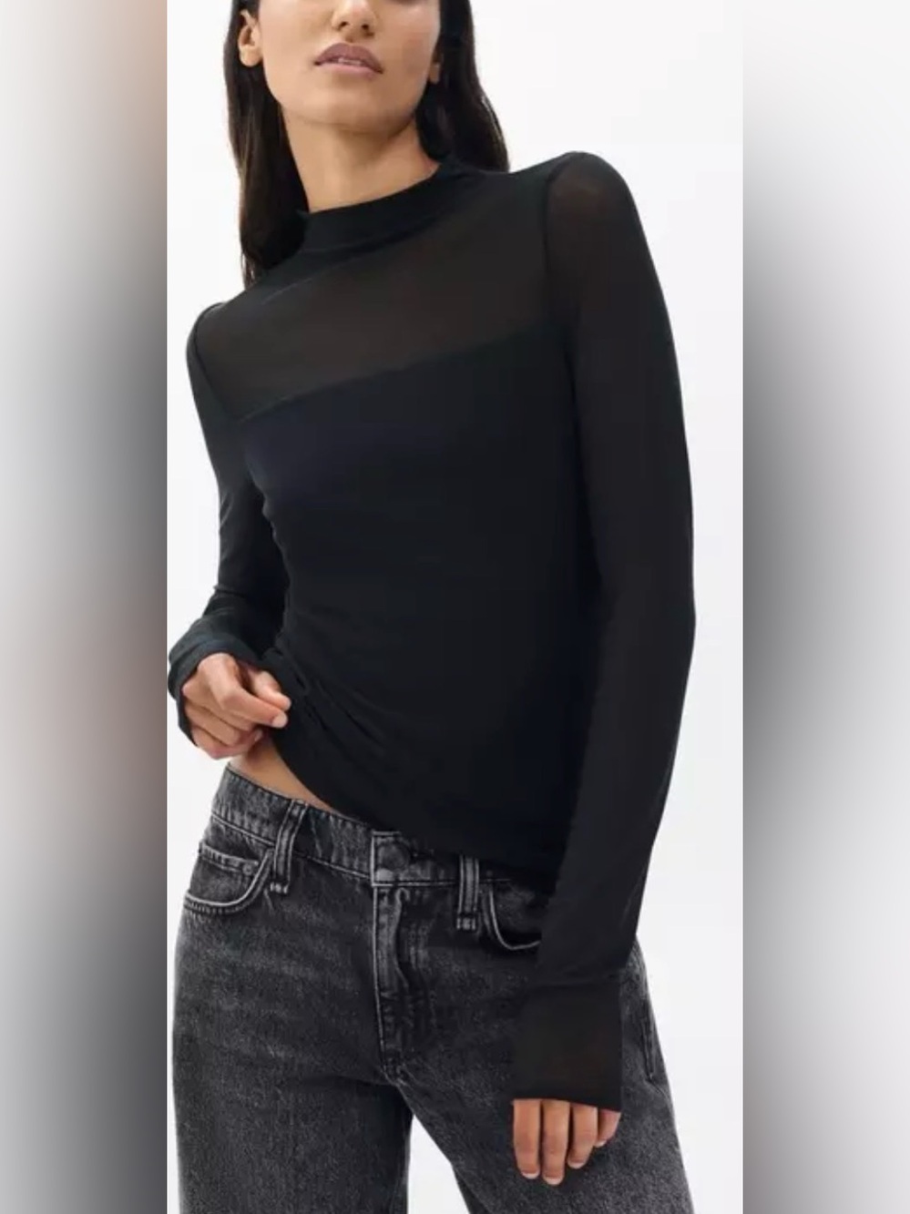 Anthropologie - Black Sheer Chest Mock Neck Long Sleeve Classic Blouse SZ Small